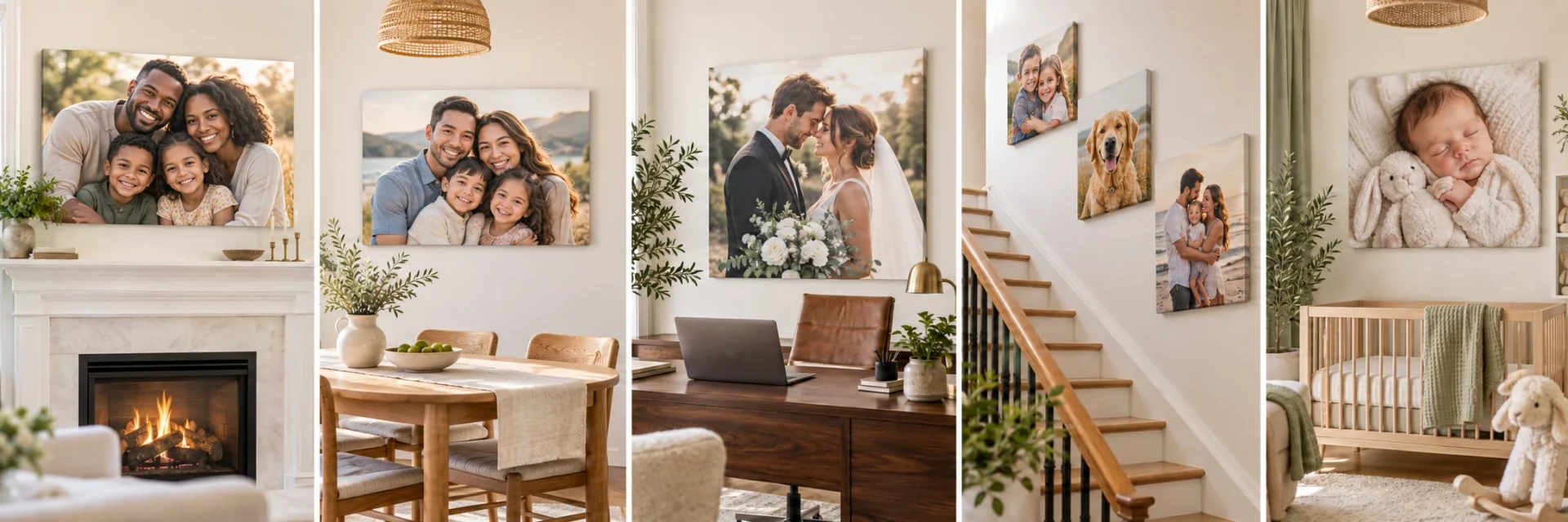 Custom canvas prints of family, wedding, pet and baby photos on the wall