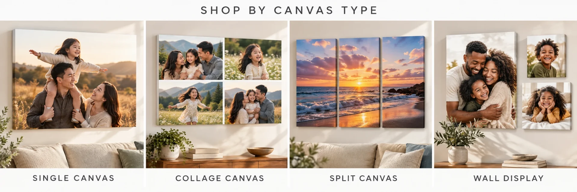Custom photo canvas types: single canvas, collage canvas, split canvas and wall display